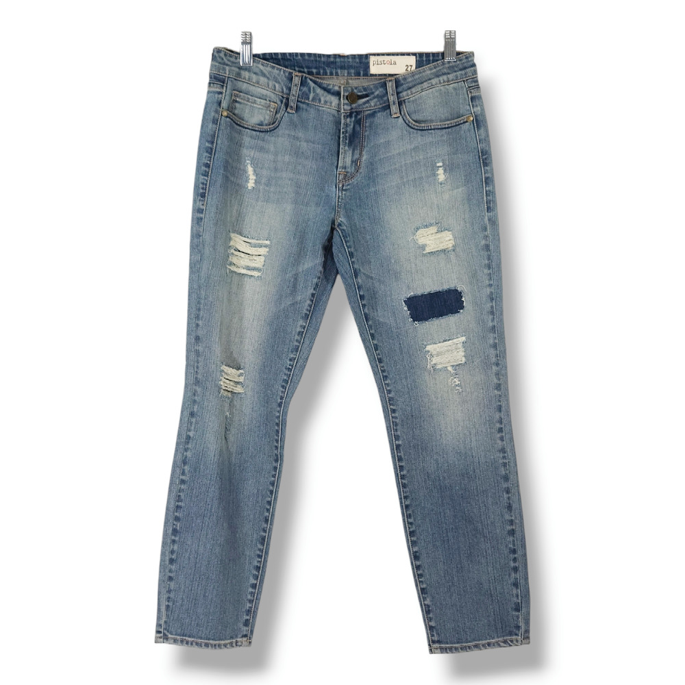 NWOT Pistola Distressed‎ Patch Mid-Rise Slim Ankle Denim Jeans Sz 27x27.50 Blue
